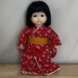 12” Vintage Red Kimono Doll with Black Hair